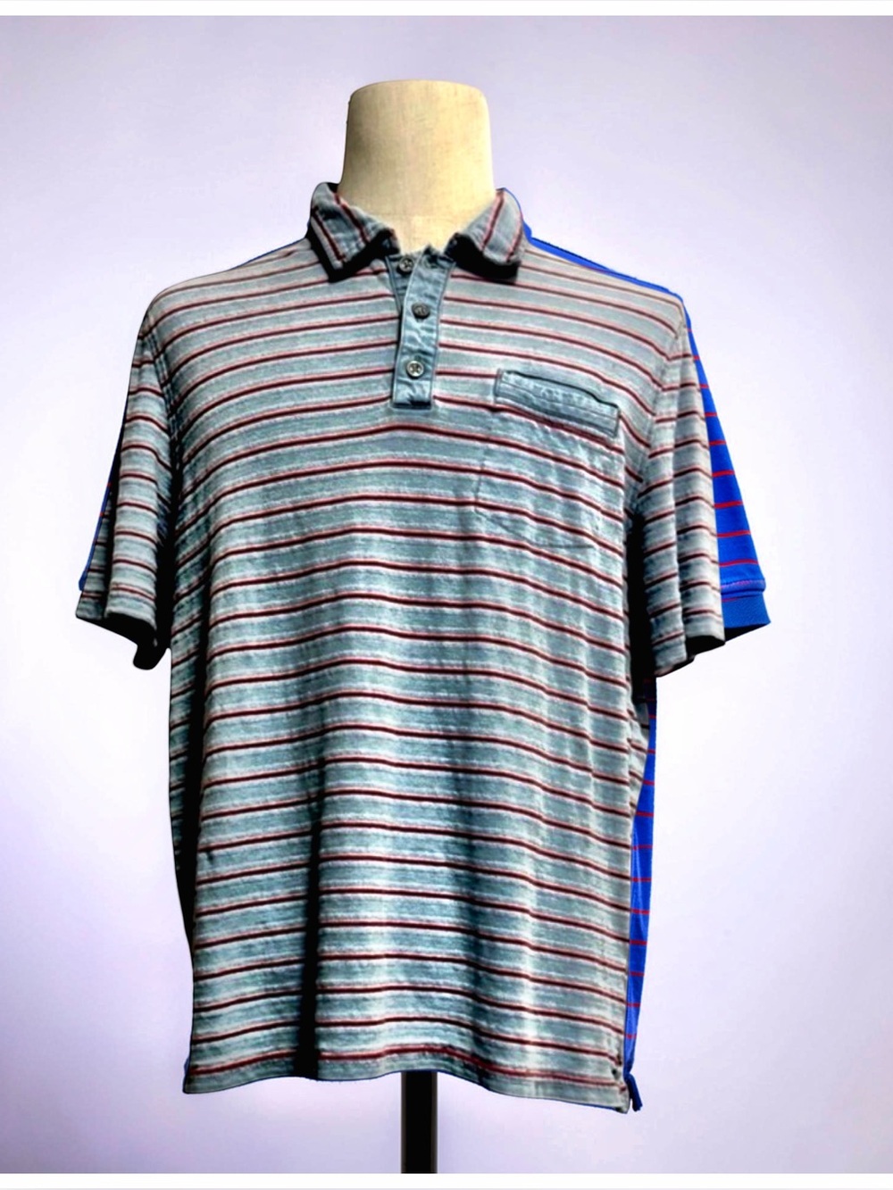 Carbon2Cobalt Men’s Blue, Gray and Red Striped Polo Shirt. Large